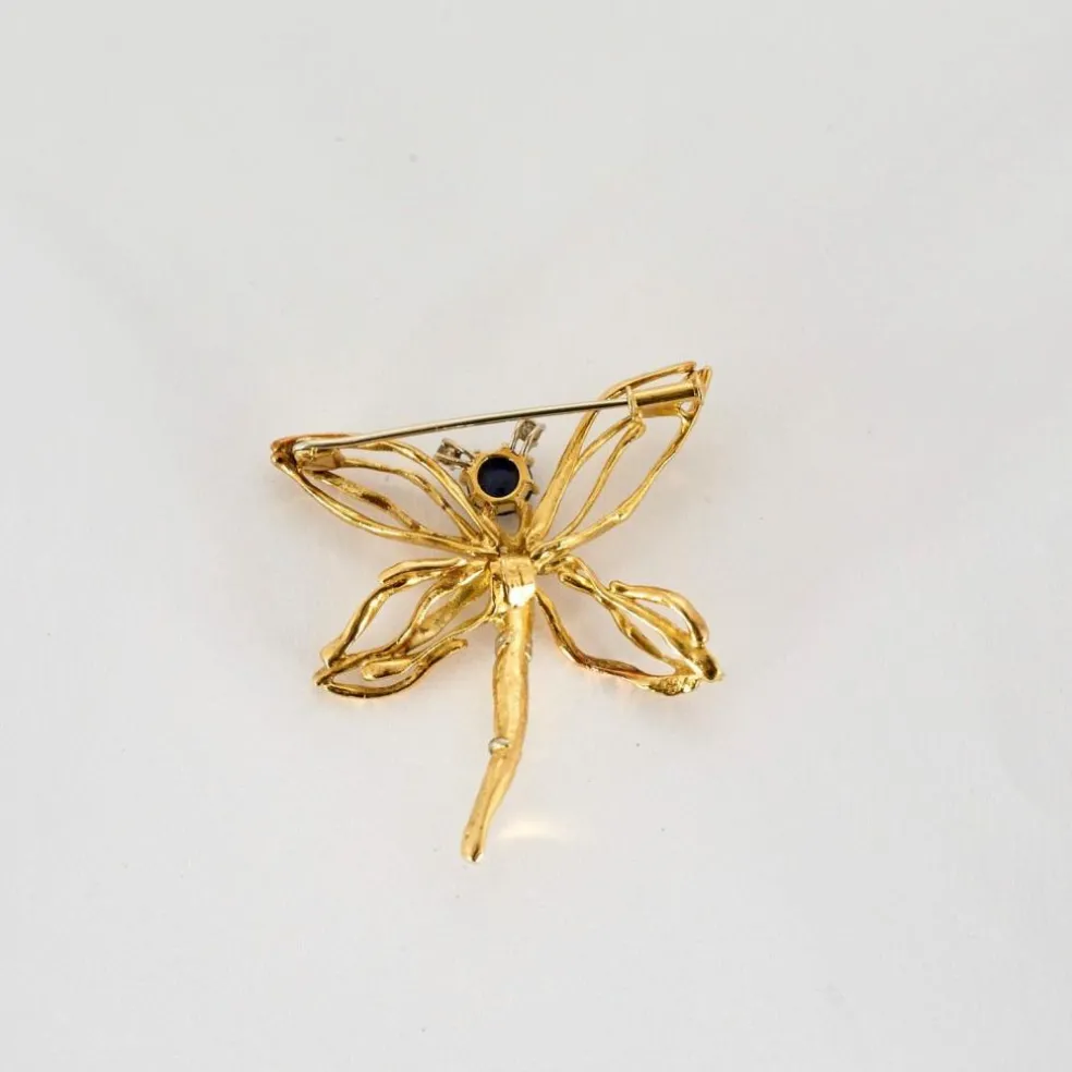 Broche Libellule or jaune et blanc, diamants et cabochon de saphir