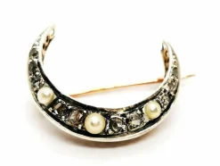 Broche Lune Or jaune Perle