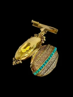 Broche Médaillon Or Turquoises Napoléon III
