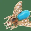 Broche mouche en or jaune turquoise, oeil de tigre et perles fines