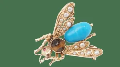 Broche mouche en or jaune turquoise, oeil de tigre et perles fines