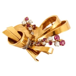 Broche Noeud Or, Diamants, Saphirs