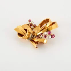 Broche Noeud Or, Diamants, Saphirs