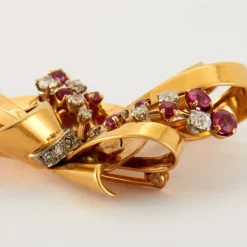 Broche Noeud Or, Diamants, Saphirs