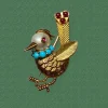 Broche oiseau or 18k perle turquoises et rubis