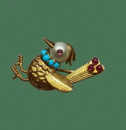 Broche oiseau or 18k perle turquoises et rubis