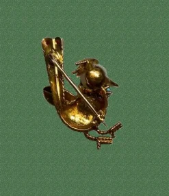 Broche oiseau or 18k perle turquoises et rubis