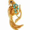 Broche oiseau vintage or jaune saphir turquoise diamant