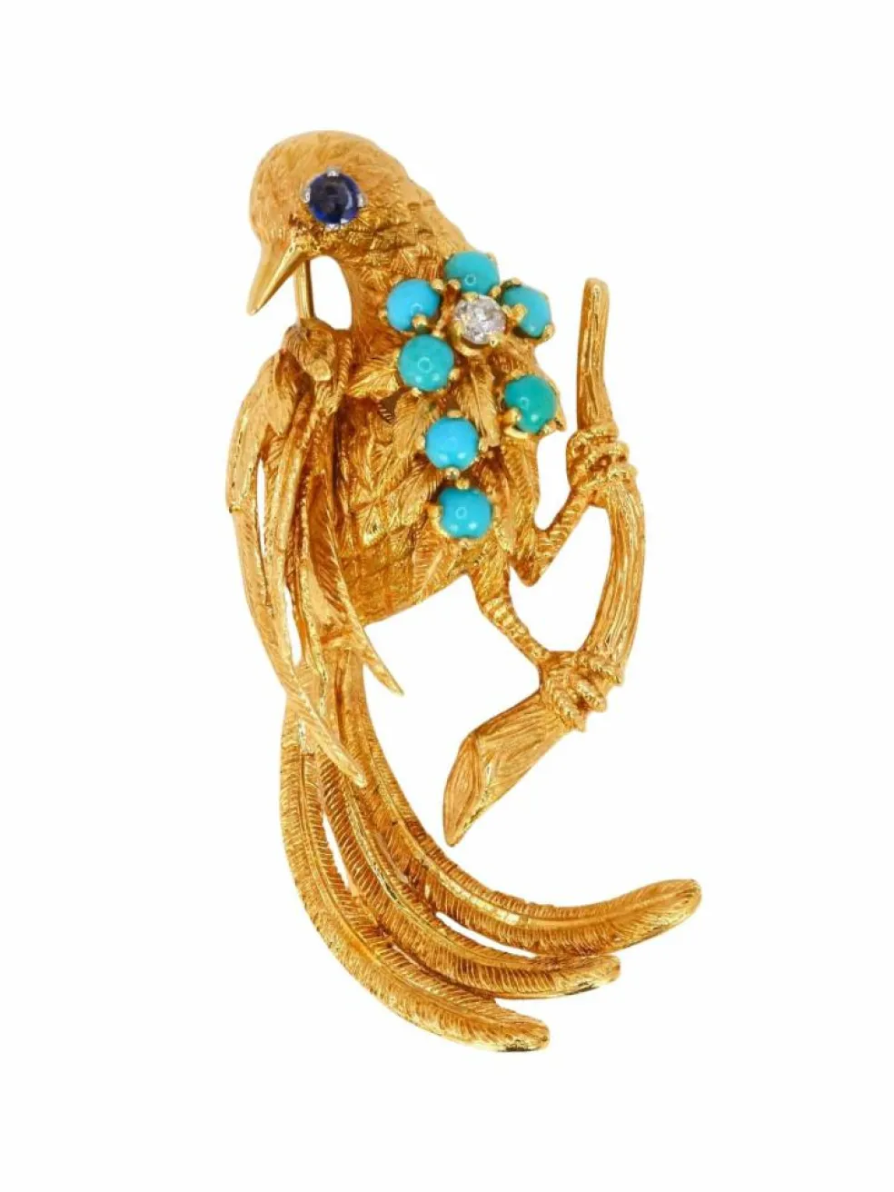Broche oiseau vintage or jaune saphir turquoise diamant