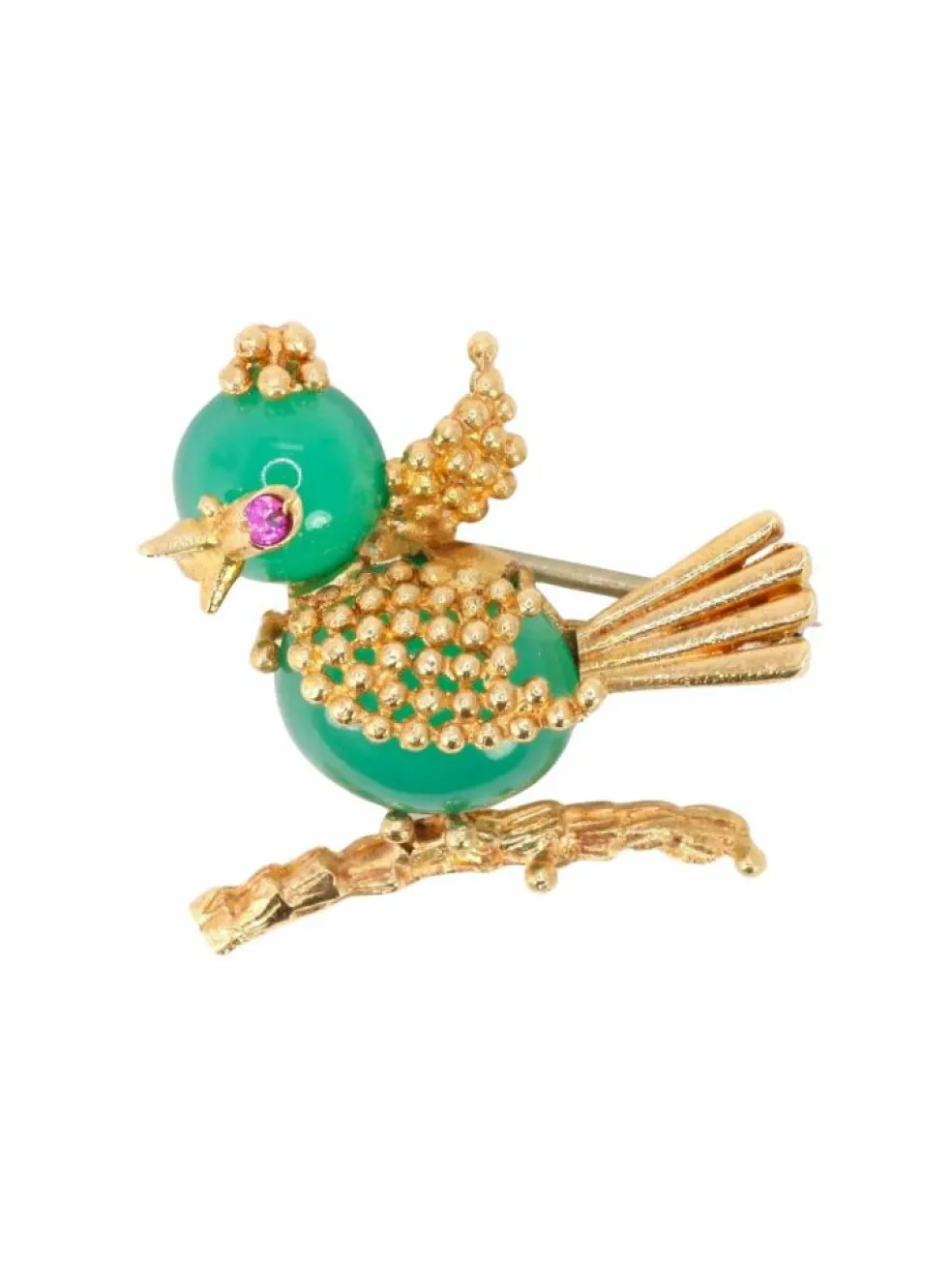 Broche oiseau vintage or jaune chrysoprase rubis