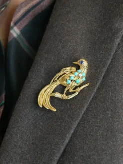 Broche oiseau vintage or jaune saphir turquoise diamant