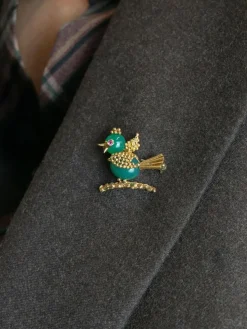 Broche oiseau vintage or jaune chrysoprase rubis
