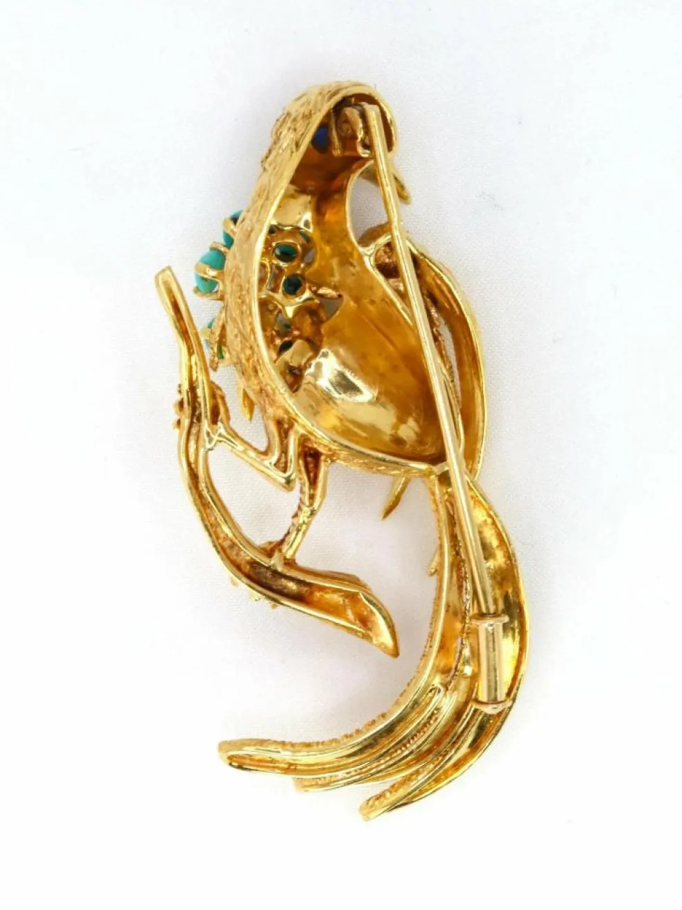 Broche oiseau vintage or jaune saphir turquoise diamant