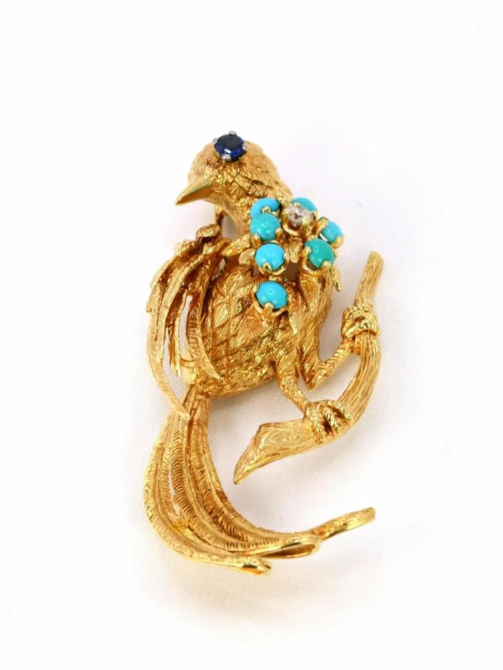 Broche oiseau vintage or jaune saphir turquoise diamant
