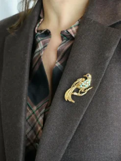 Broche oiseau vintage or jaune saphir turquoise diamant
