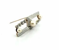 Broche or et platine , diamants et perles