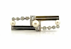 Broche or et platine , diamants et perles