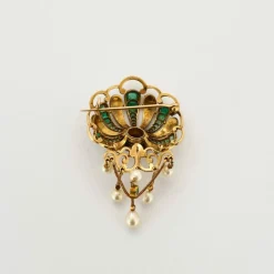 Broche or, émeraude, perles fines