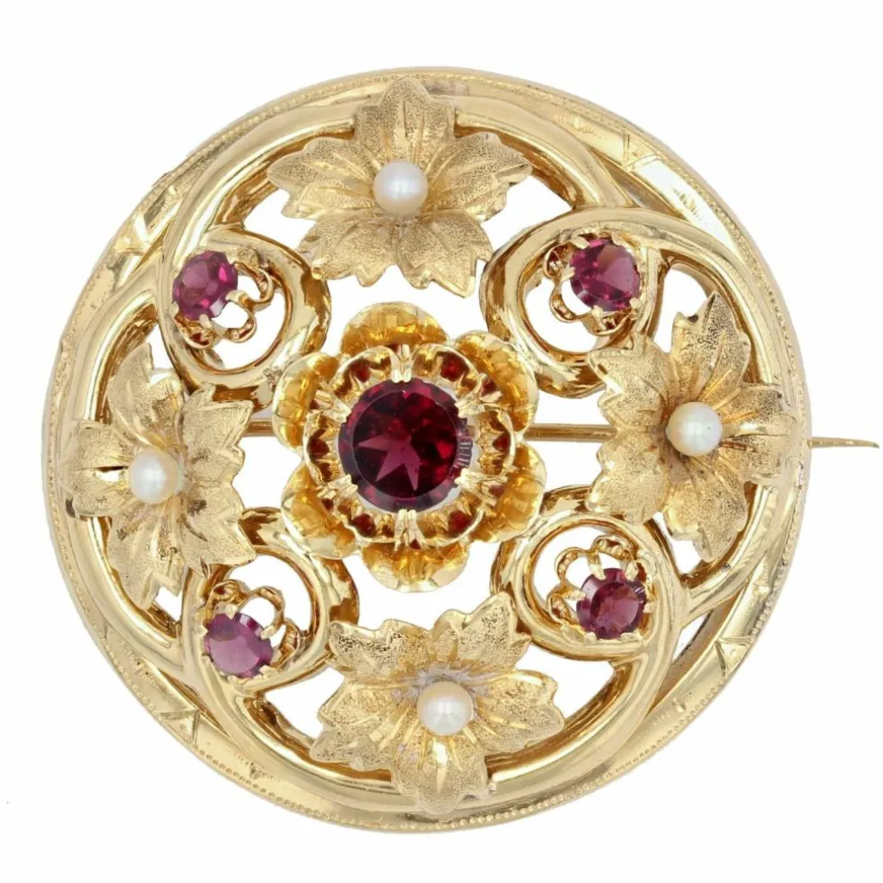Broche or perles fines et grenats ancienne