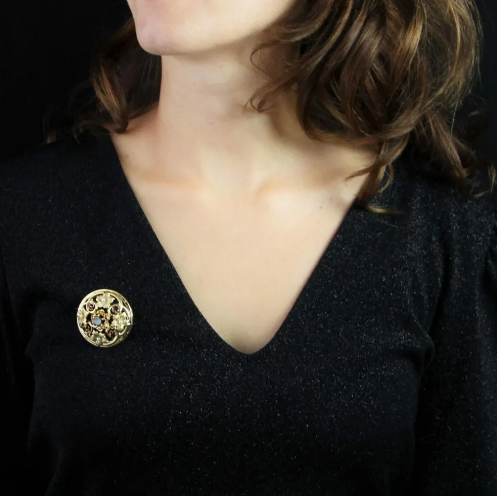 Broche or perles fines et grenats ancienne