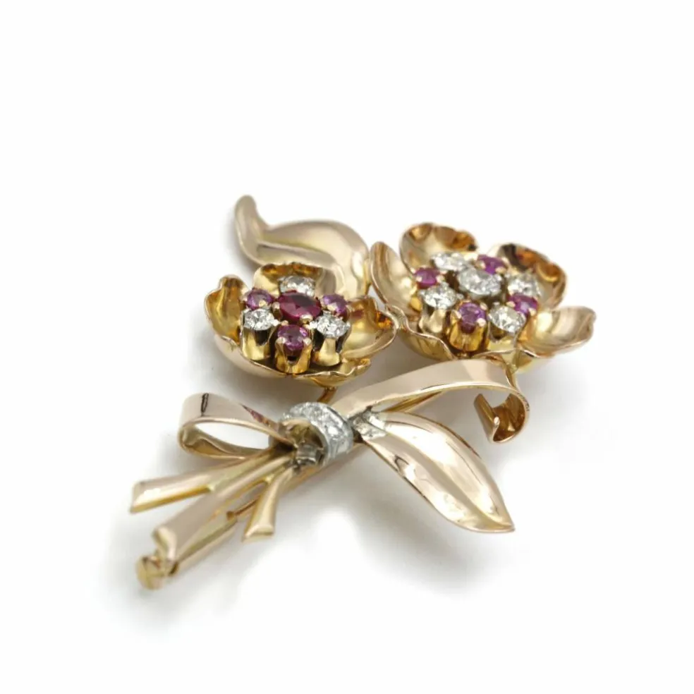 Broche or, platine, diamants, rubis