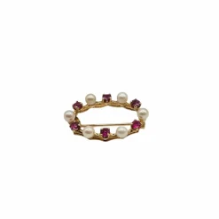 Broche or rose, saphir rose, perles de culture