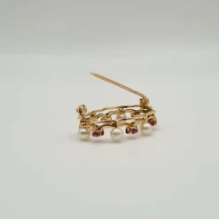 Broche or rose, saphir rose, perles de culture