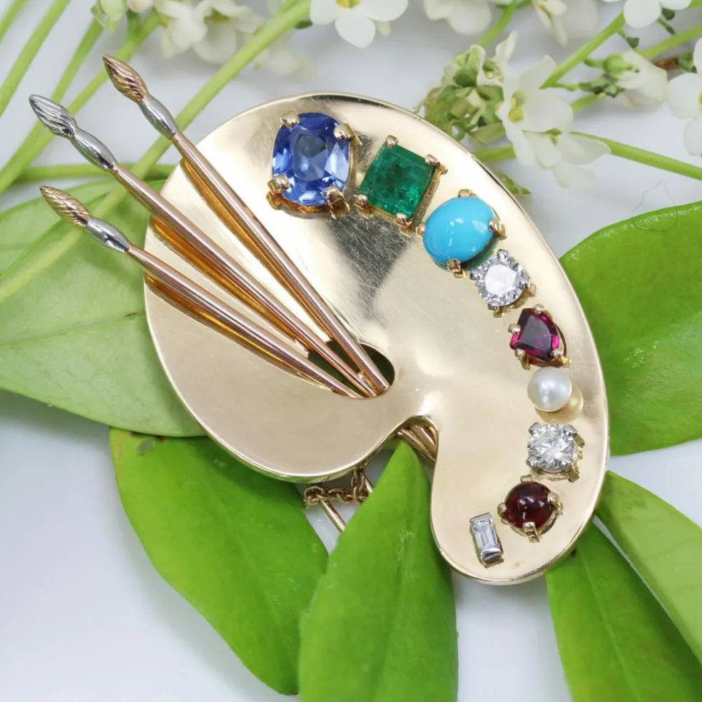 Broche palette du peintre pierres précieuses