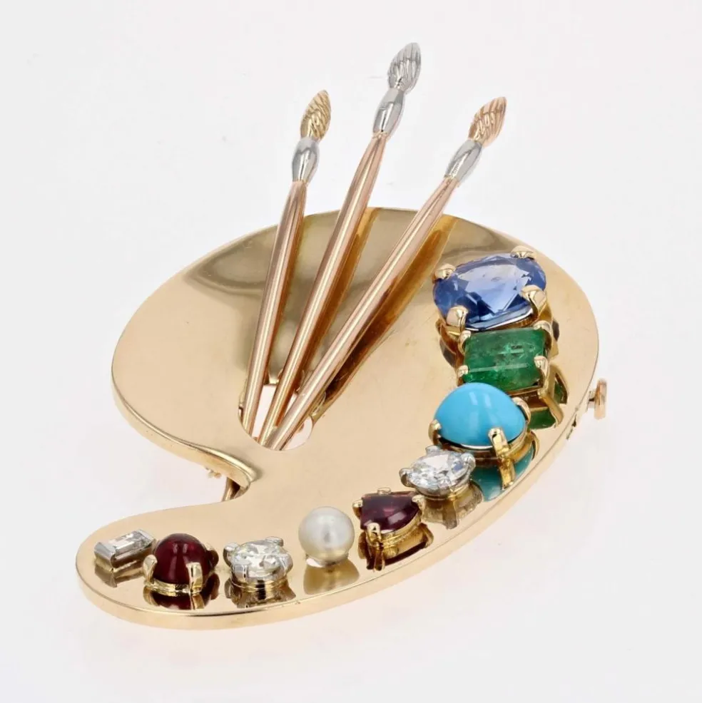 Broche palette du peintre pierres précieuses