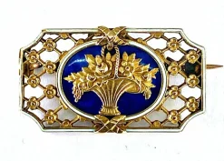 Broche panier fleuri émail bleu et blanc