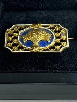 Broche panier fleuri émail bleu et blanc