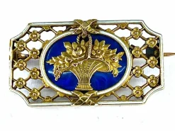 Broche panier fleuri émail bleu et blanc
