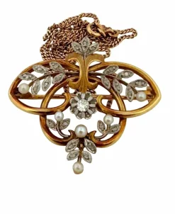 Broche Pendentif ancien or jaune, perles, diamants