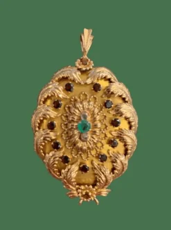Broche Pendentif Feuilles d'Acanthe, Grenats & Emeraude
