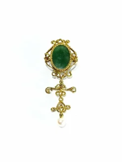 Broche Pendentif Or, Jade et Perle