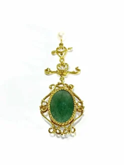 Broche Pendentif Or, Jade et Perle