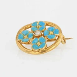 Broche perle et fleurs émaillées turquoise