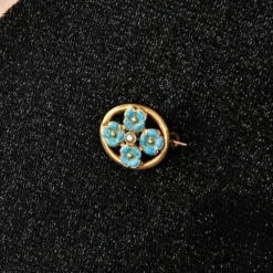 Broche perle et fleurs émaillées turquoise