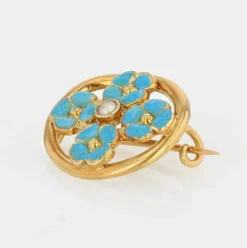 Broche perle et fleurs émaillées turquoise