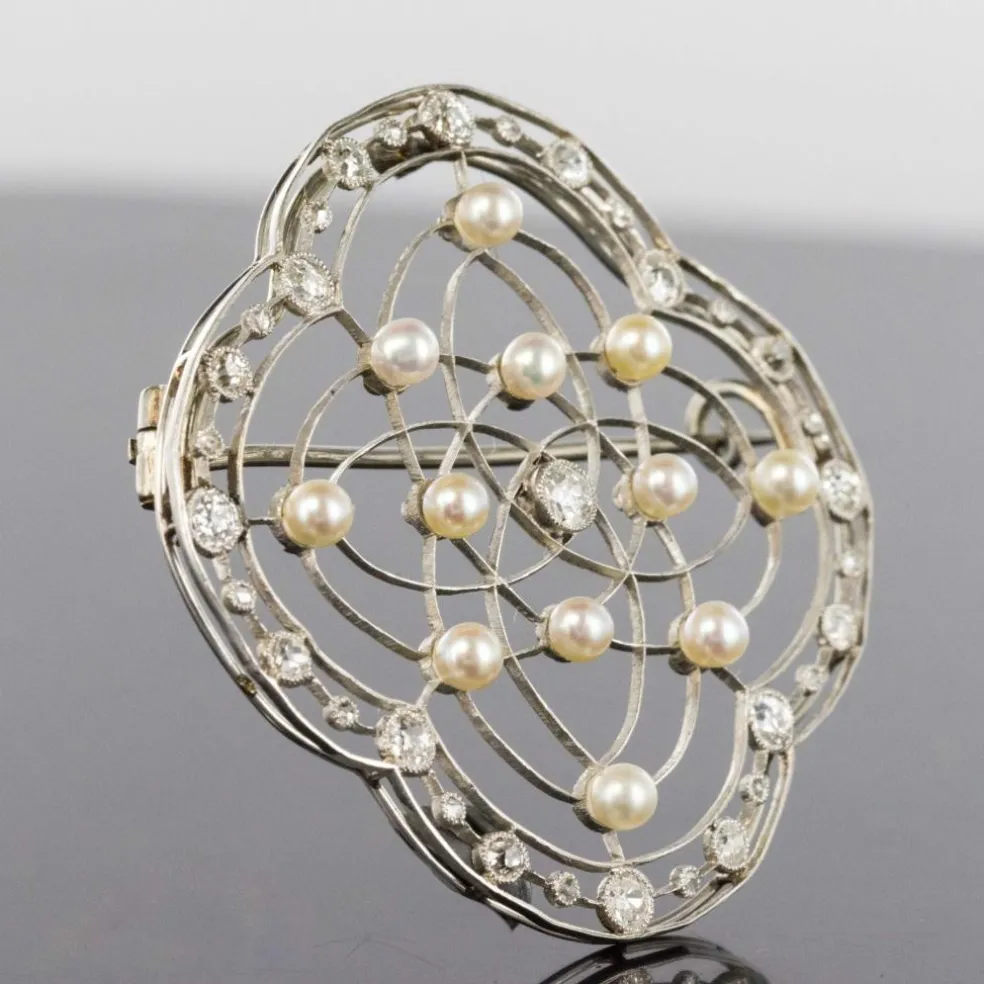 Broche perles fines et diamants Belle Epoque