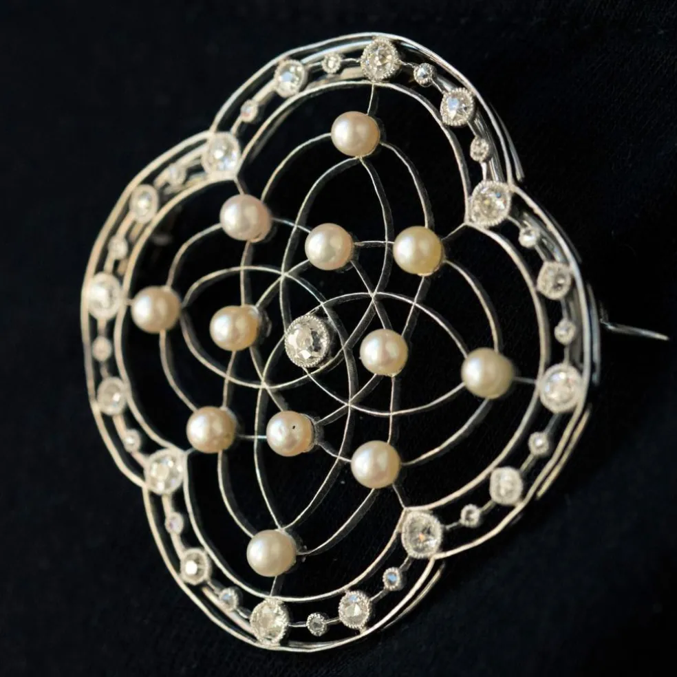 Broche perles fines et diamants Belle Epoque