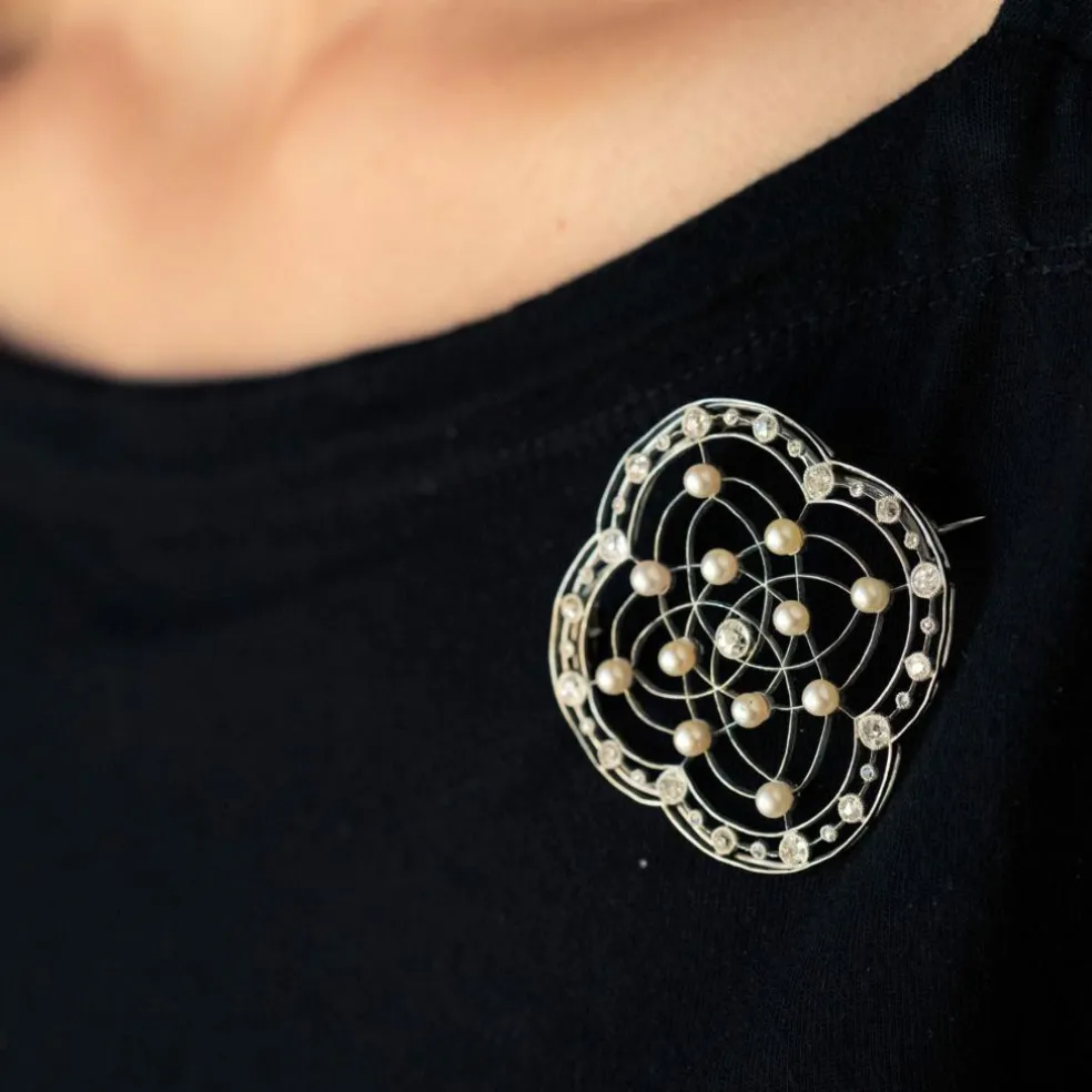 Broche perles fines et diamants Belle Epoque