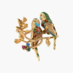 Broche "perroquets" en or jaune et émail