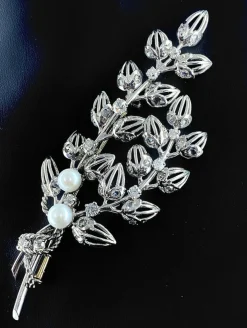 Broche Platine Or Perles Diamants.