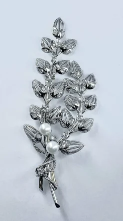 Broche Platine Or Perles Diamants.