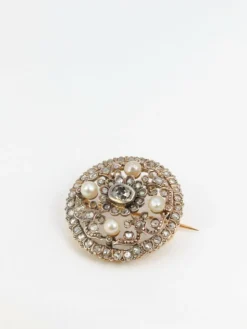 Broche Ronde Diamants, Perles Fines