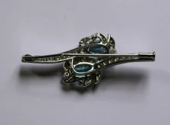 Broche rétro or gris, aigues-marines, diamants