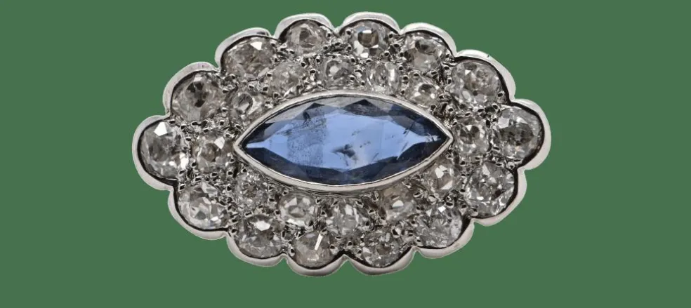 Broche Saphir Diamants Or Blanc 18 Carats
