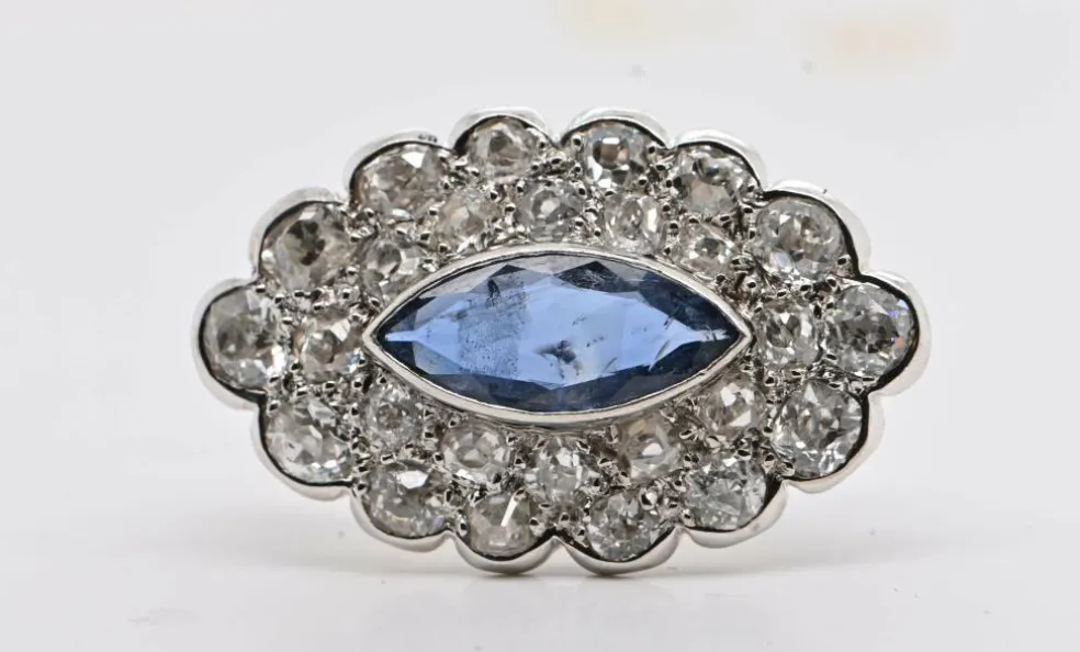 Broche Saphir Diamants Or Blanc 18 Carats