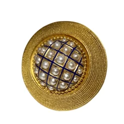 Broche victorienne antique en perles naturelles, émail bleu et or jaune
